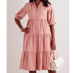 Avara Ainsley Dress Womens Size XS Mauve Pink Tiered Ruffle Button UP *READ*